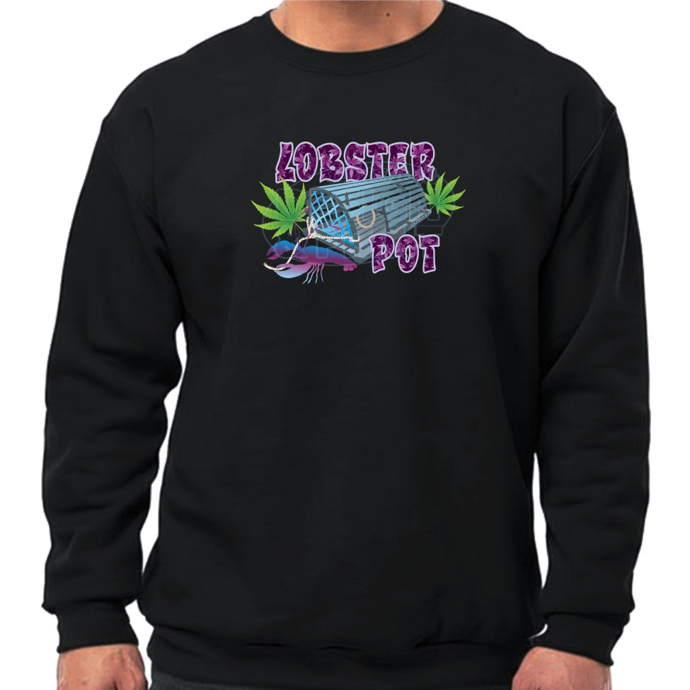 Super soft 12.5oz black sweatshirt with Colorful blue gray Lobster Pot, bright green weed leaves & purple blue lobster design