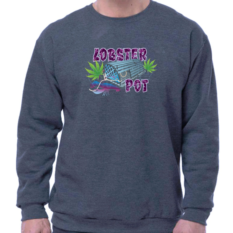 Super soft 12.5oz navy sweatshirt with Colorful blue gray Lobster Pot, bright green weed leaves & purple blue lobster design
