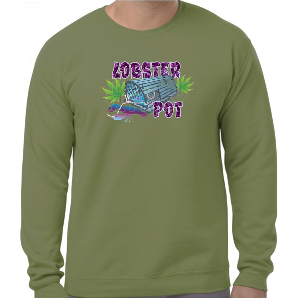 Super soft 12.5oz green sweatshirt with Colorful blue gray Lobster Pot, bright green weed leaves & purple blue lobster design