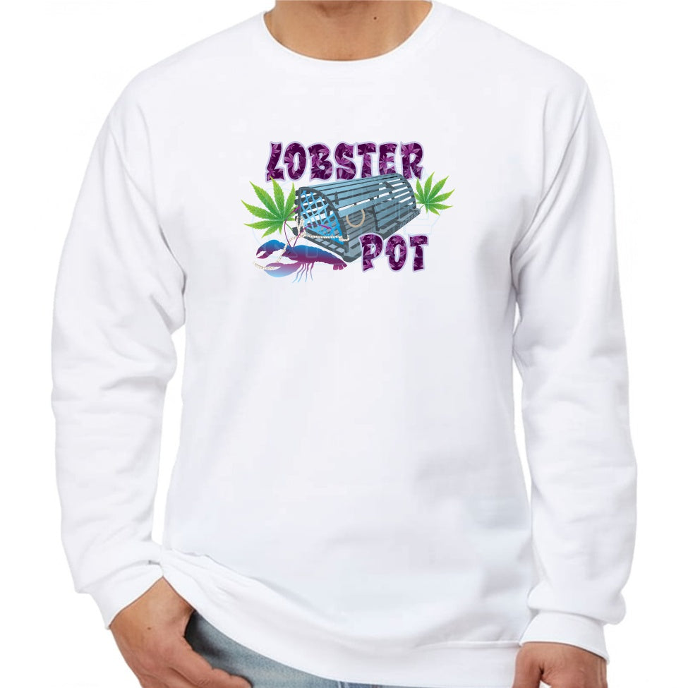 Super soft 12.5oz white sweatshirt with Colorful blue gray Lobster Pot, bright green weed leaves & purple blue lobster design
