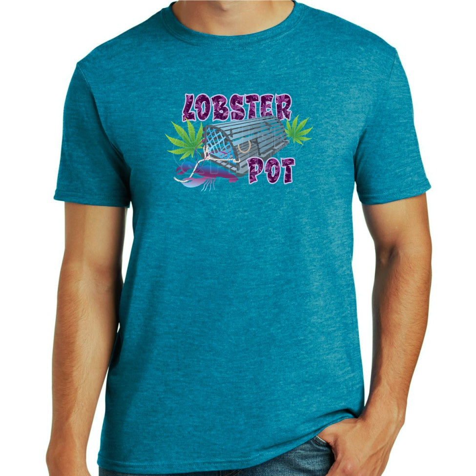 Soft ringspun cotton blue t-shirt with Colorful blue gray Lobster Pot, bright green weed leaves & purple blue lobster design