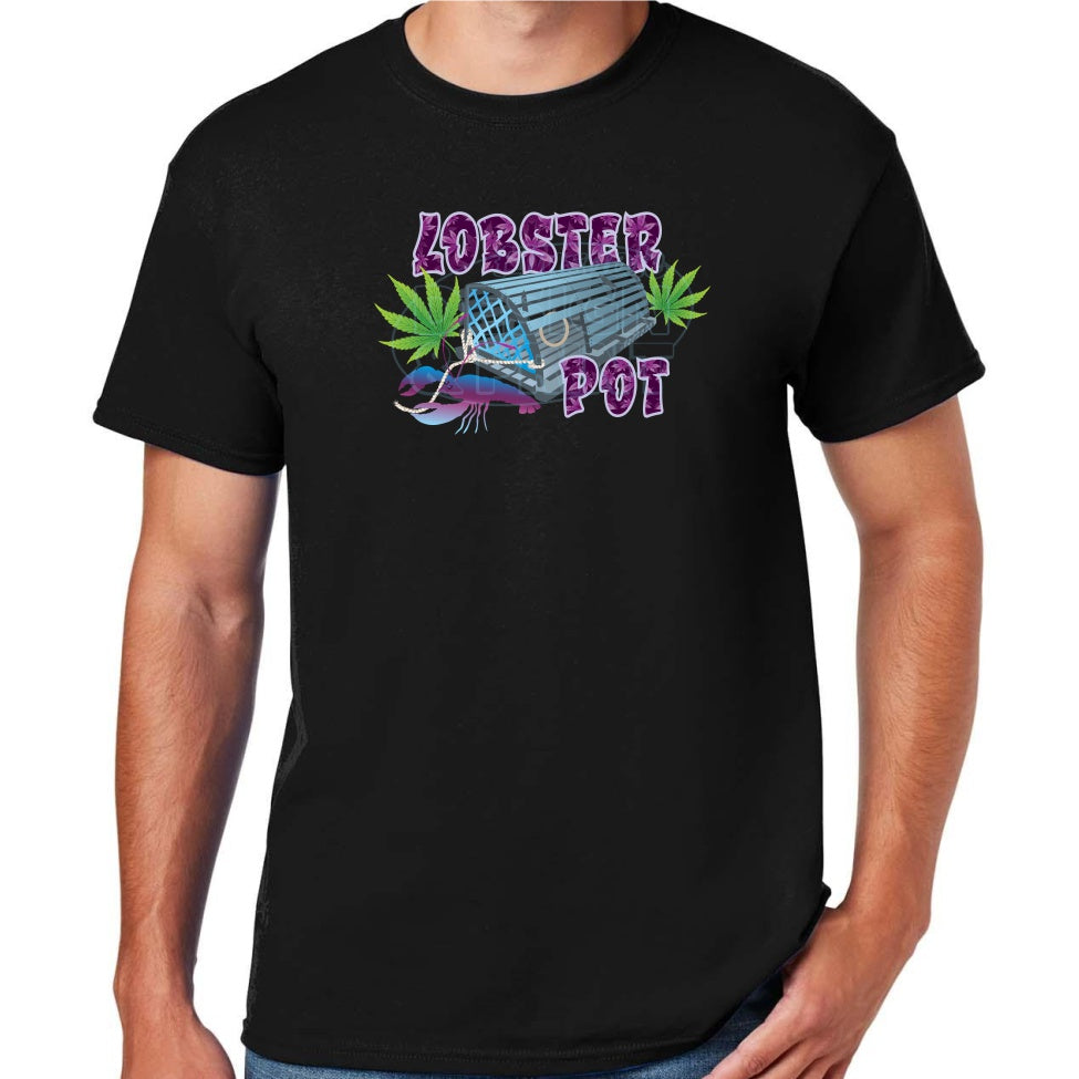 Soft ringspun cotton black t-shirt with Colorful blue gray Lobster Pot, bright green weed leaves & purple blue lobster design