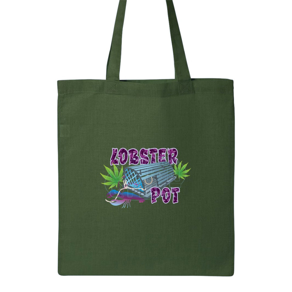 15x16" solid green canvas tote bag with Colorful blue gray Lobster Pot, bright green weed leaves & purple blue lobster design