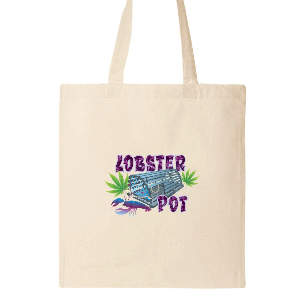 15x16" natural canvas tote bag with Colorful blue gray Lobster Pot, bright green weed leaves & purple blue lobster design