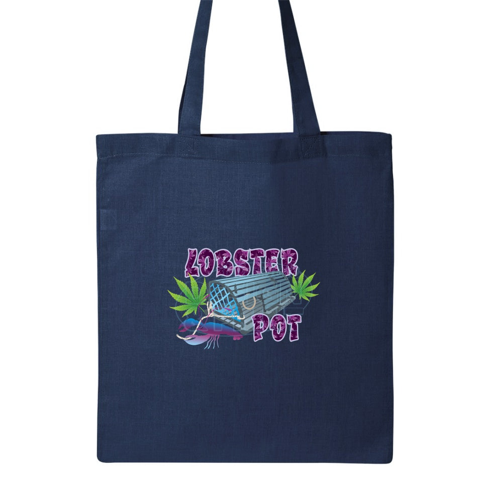 15x16" solid navy canvas tote bag with Colorful blue gray Lobster Pot, bright green weed leaves & purple blue lobster design