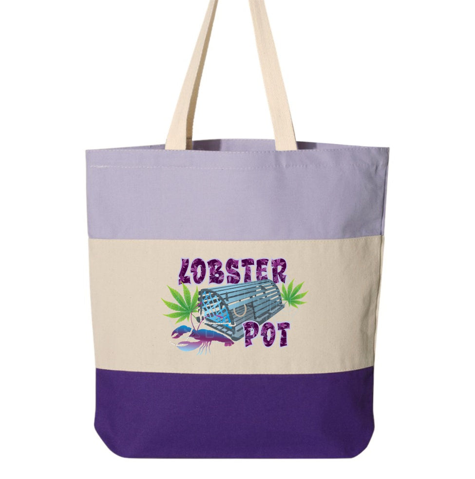 15x16" tri-color canvas tote bag with Colorful blue gray Lobster Pot, bright green weed leaves & purple blue lobster design