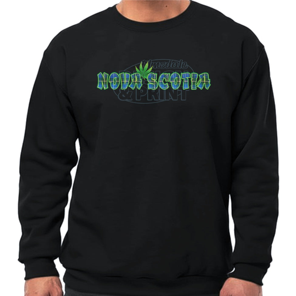 Super soft 12.5oz black sweatshirt with Nova Scotia made of Blue Tartan with a bright green weed leaf & bright green outlines