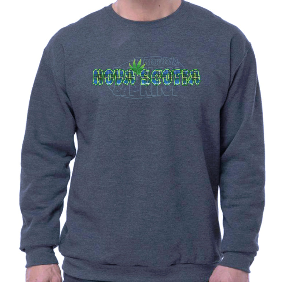 Super soft 12.5oz navy sweatshirt with Nova Scotia made of Blue Tartan with a bright green weed leaf & bright green outlines