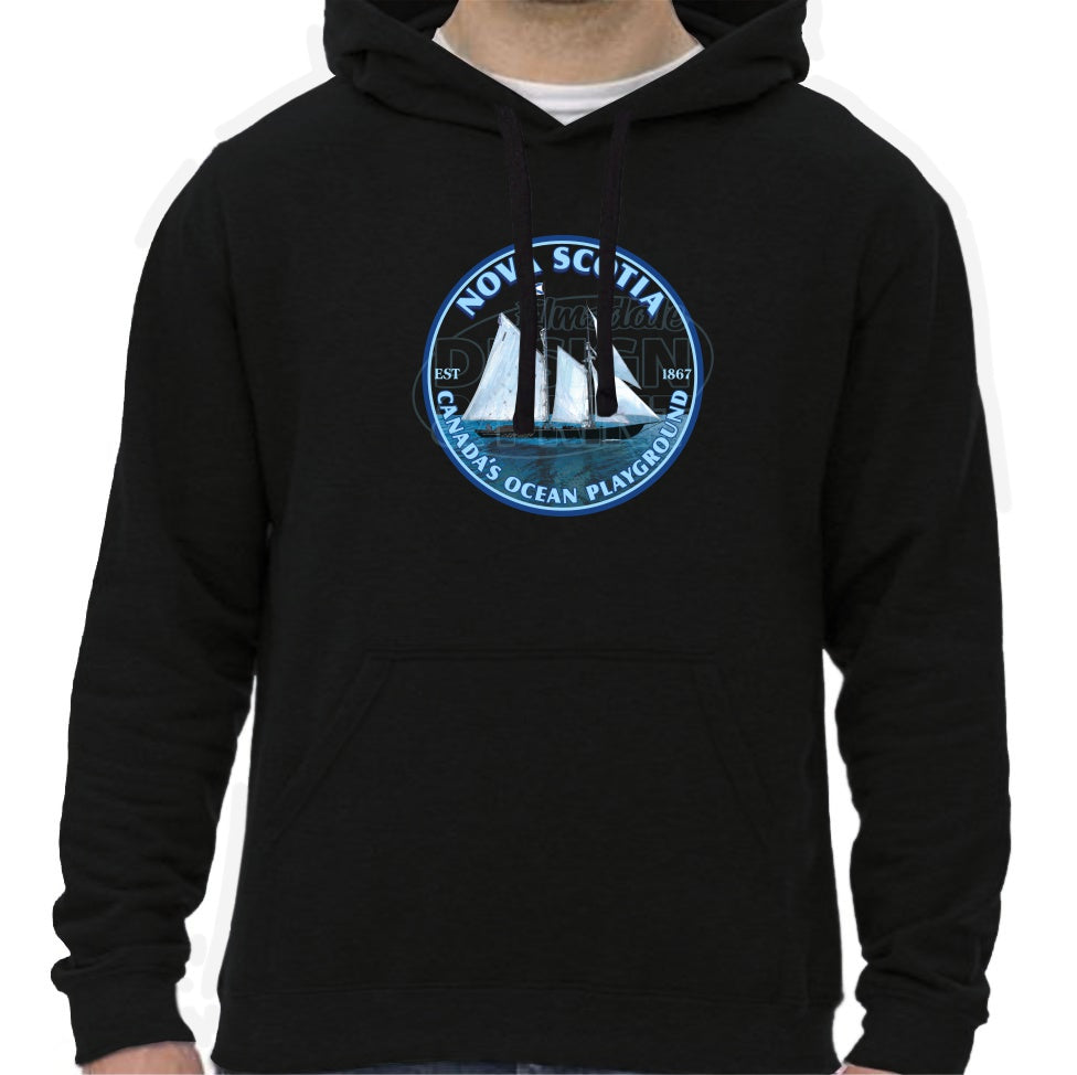 Super soft 12.5oz black hoodie with Sailing schooner with Nova Scotia & Canada’s Ocean Playground in a circular design