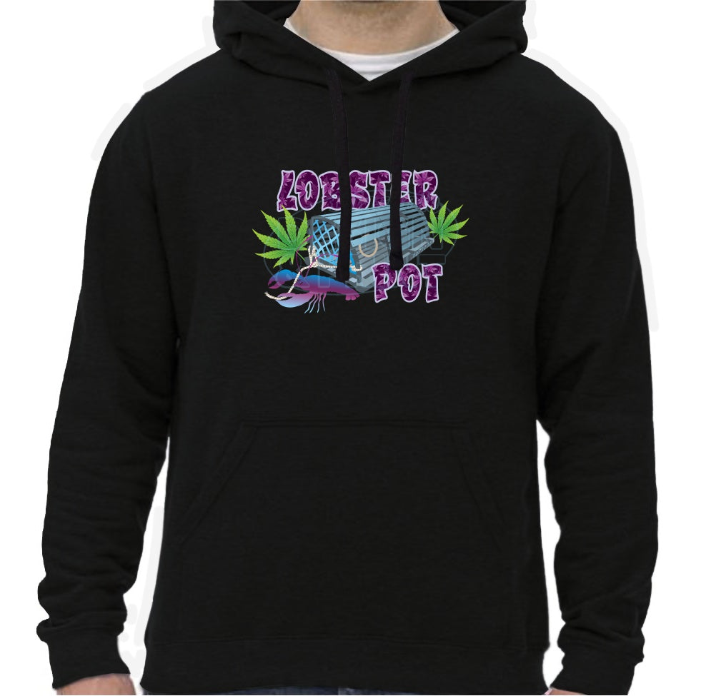 Super soft 12.5oz black hoodie with Colorful blue gray Lobster Pot, bright green weed leaves & purple blue lobster design