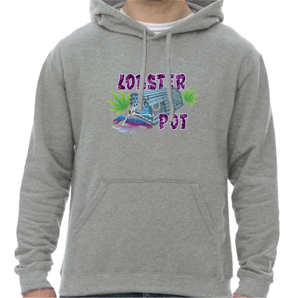 Super soft 12.5oz grey hoodie with Colorful blue gray Lobster Pot, bright green weed leaves & purple blue lobster design