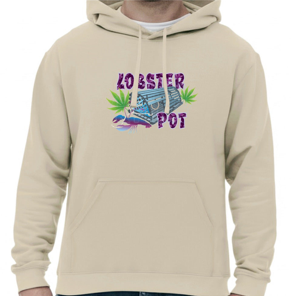 Super soft 12.5oz sand hoodie with Colorful blue gray Lobster Pot, bright green weed leaves & purple blue lobster design