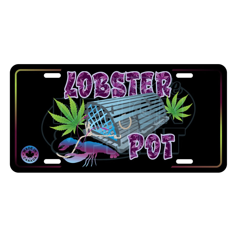 6x12" Aluminum License Plate Black with Colorful blue gray Lobster Pot, bright green weed leaves & purple blue lobster design