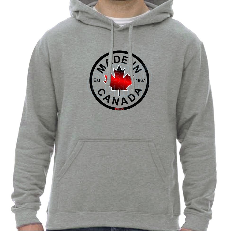 Super soft 12.5oz grey hoodie with Circular design with Made in Canada & a centered bright red maple leaf & Est.1867