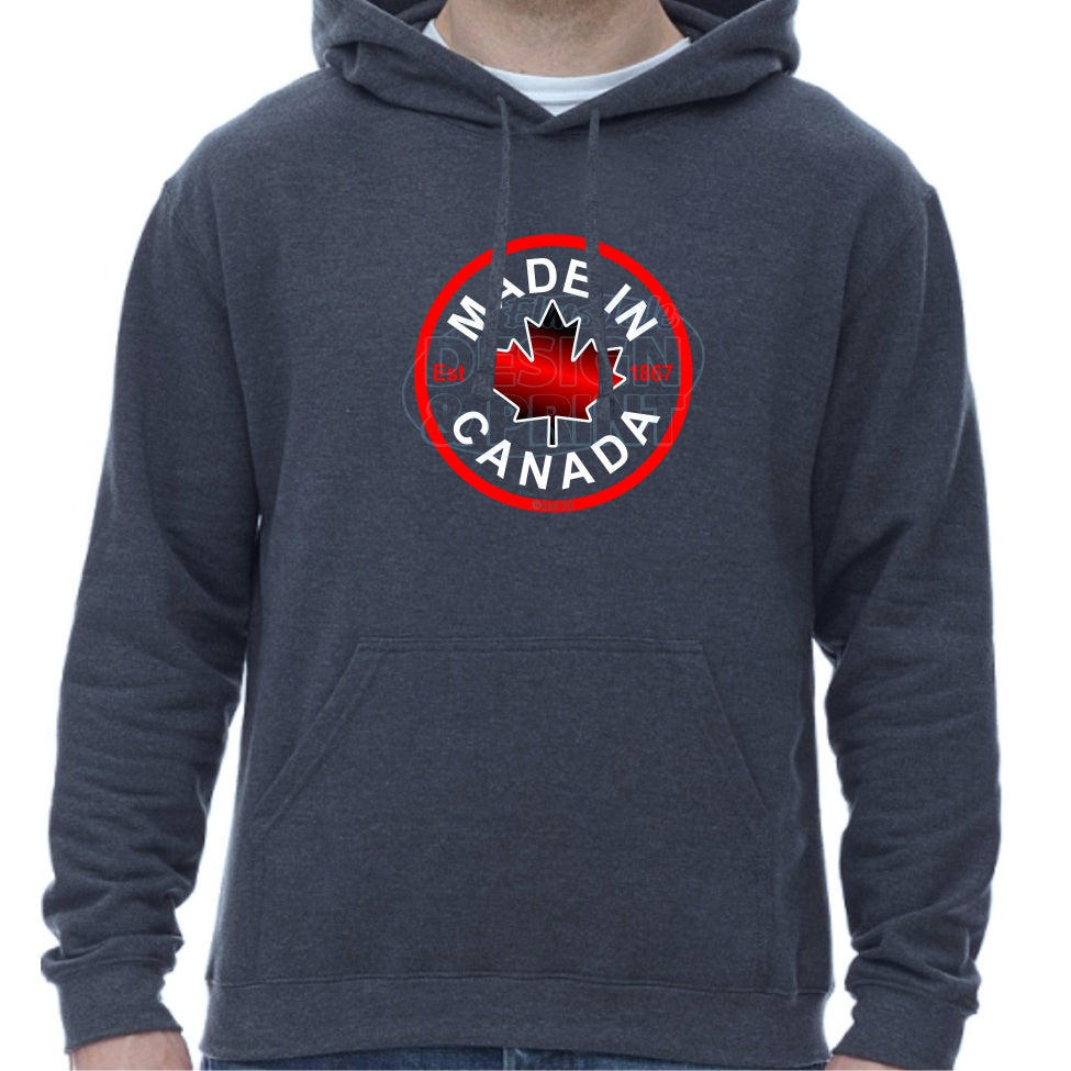 Super soft 12.5oz navy hoodie with Circular design with Made in Canada & a centered bright red maple leaf & Est.1867