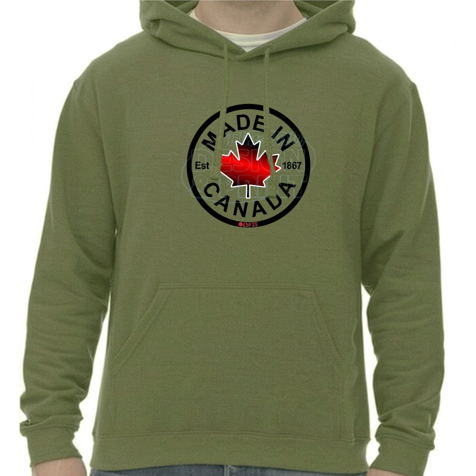 Super soft 12.5oz green hoodie with Circular design with Made in Canada & a centered bright red maple leaf & Est.1867