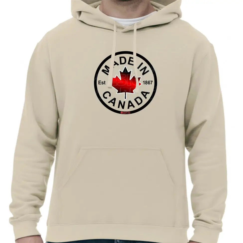 Super soft 12.5oz sand hoodie with Circular design with Made in Canada & a centered bright red maple leaf & Est.1867