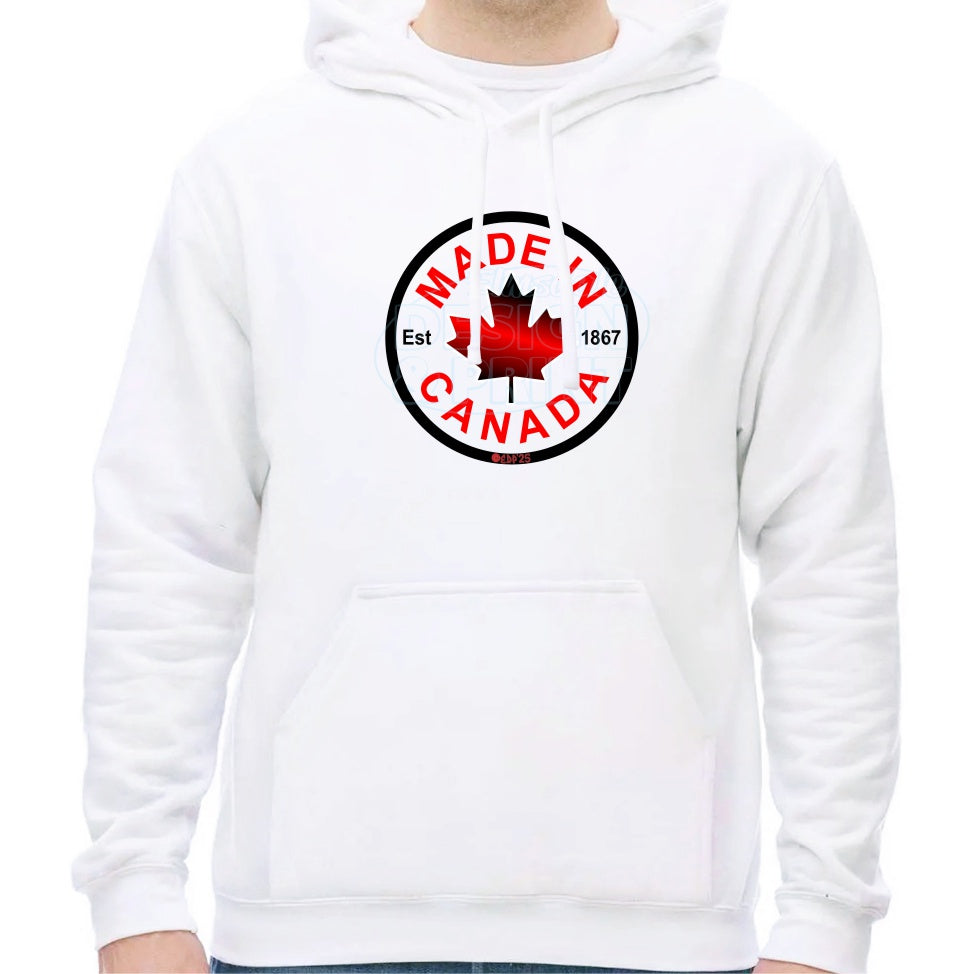 Super soft 12.5oz white hoodie with Circular design with Made in Canada & a centered bright red maple leaf & Est.1867