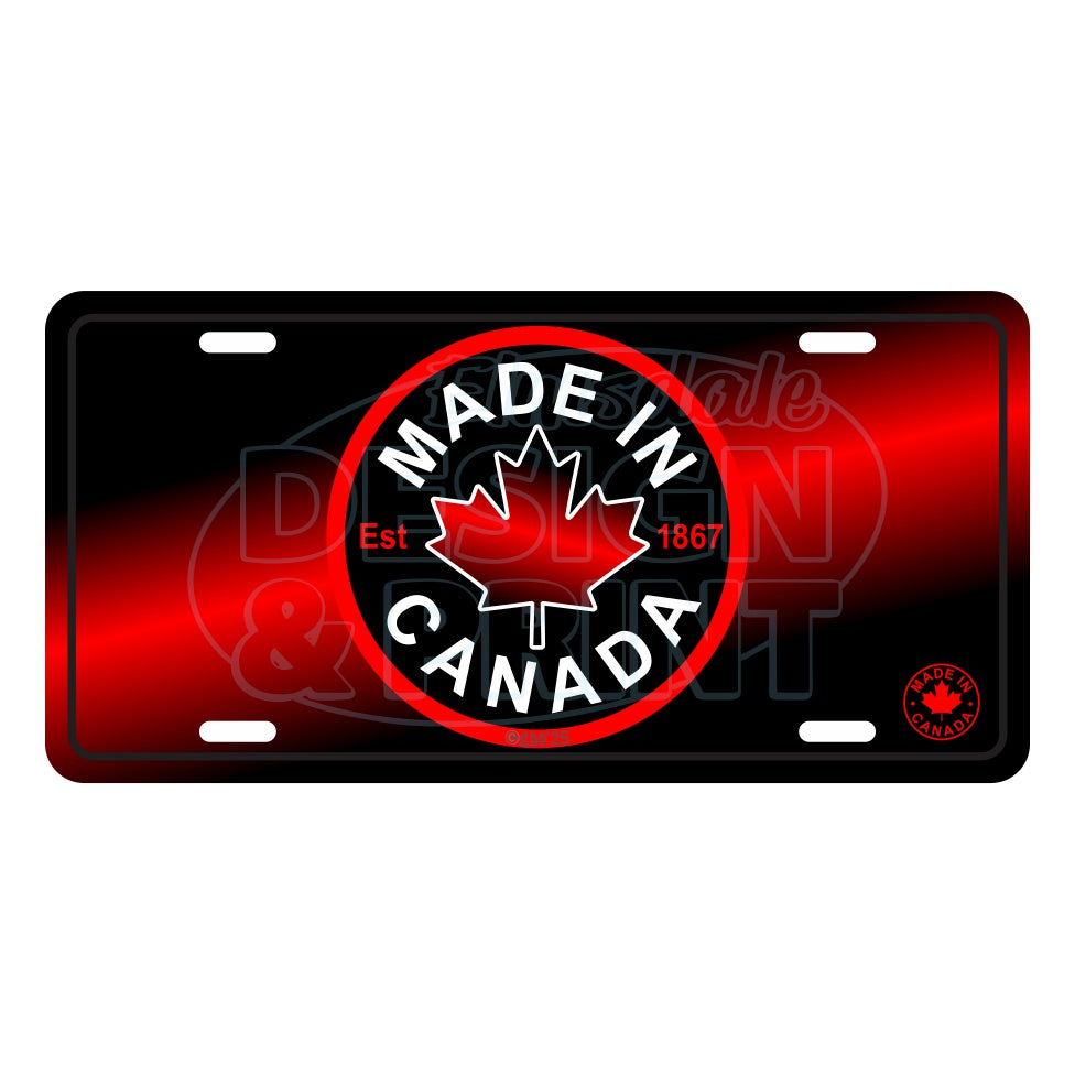 6x12" Aluminum License Plate Black with Circular design with Made in Canada & a centered bright red maple leaf & Est.1867