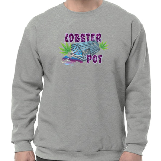 Super soft 12.5oz grey sweatshirt with Colorful blue gray Lobster Pot, bright green weed leaves & purple blue lobster design