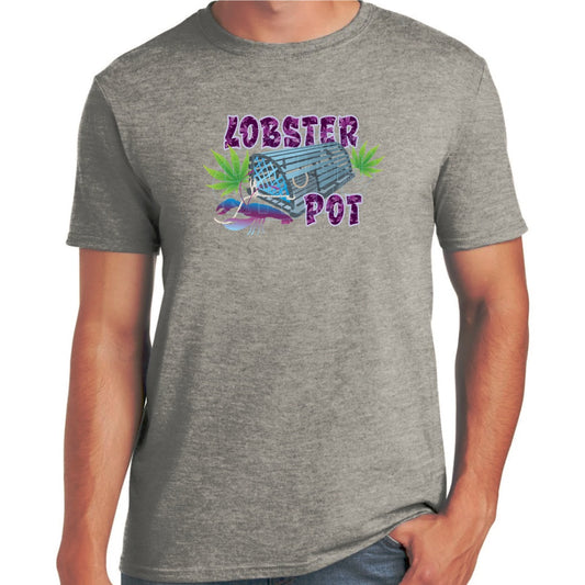 Soft ringspun cotton grey t-shirt with Colorful blue gray Lobster Pot, bright green weed leaves & purple blue lobster design