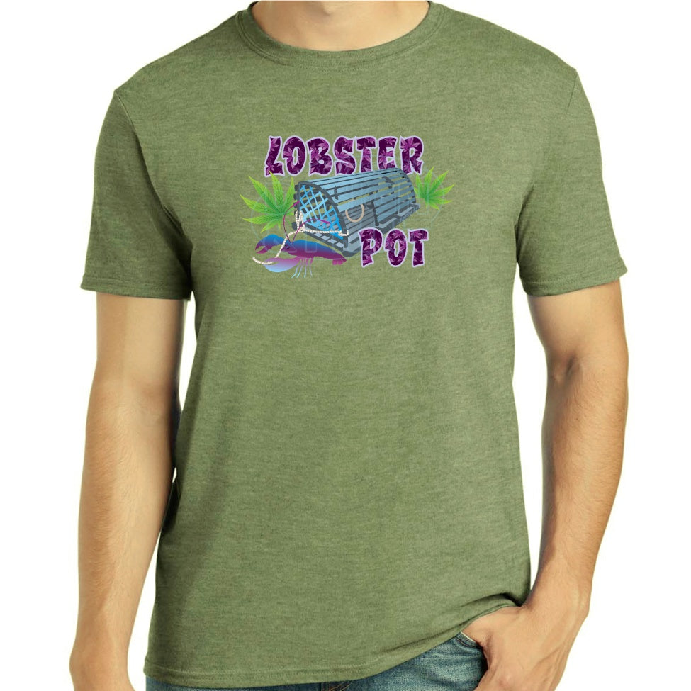 Soft ringspun cotton green t-shirt with Colorful blue gray Lobster Pot, bright green weed leaves & purple blue lobster design