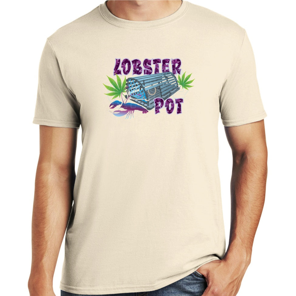 Soft ringspun cotton sand t-shirt with Colorful blue gray Lobster Pot, bright green weed leaves & purple blue lobster design