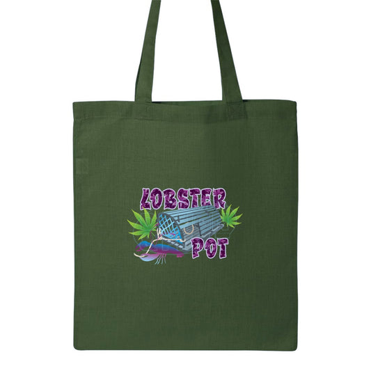 15x16" solid green canvas tote bag with Colorful blue gray Lobster Pot, bright green weed leaves & purple blue lobster design