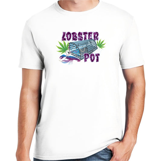 Soft ringspun cotton white t-shirt with Colorful blue gray Lobster Pot, bright green weed leaves & purple blue lobster design
