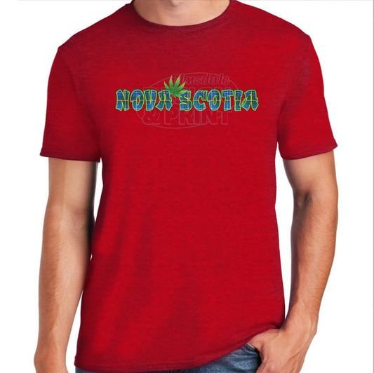 Soft ringspun cotton red t-shirt with Nova Scotia made of Blue Tartan with a bright green weed leaf & bright green outlines