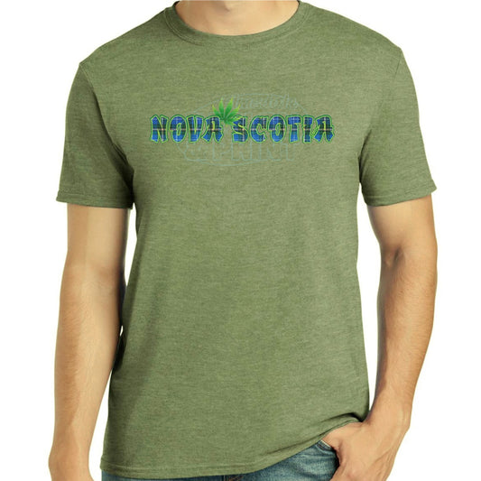 Soft ringspun cotton green t-shirt with Nova Scotia made of Blue Tartan with a bright green weed leaf & bright green outlines