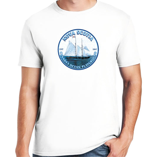 Soft ringspun cotton white t-shirt with Sailing schooner with Nova Scotia & Canada’s Ocean Playground in a circular design