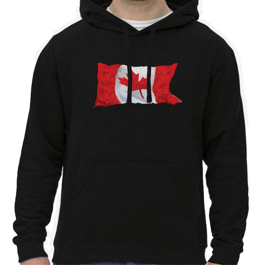 Super soft 12.5oz black hoodie with A waving Canadian Flag made up of small red, white & light gray maple leaf designs