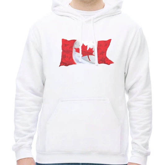 Super soft 12.5oz white hoodie with A waving Canadian Flag made up of small red, white & light gray maple leaf designs