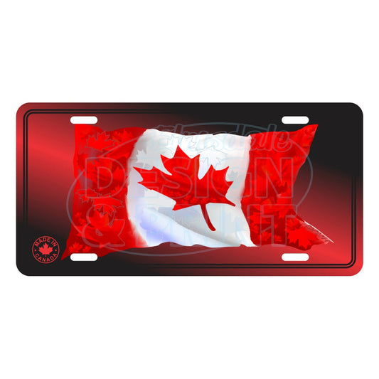 6x12" Aluminum License Plate Black with A waving Canadian Flag made up of small red, white & light gray maple leaf designs
