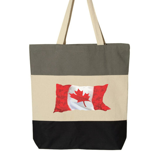 15x16" tri-color canvas tote bag with A waving Canadian Flag made up of small red, white & light gray maple leaf designs