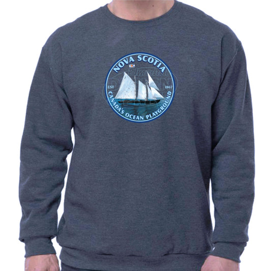 Super soft 12.5oz navy sweatshirt with Sailing schooner with Nova Scotia & Canada’s Ocean Playground in a circular design