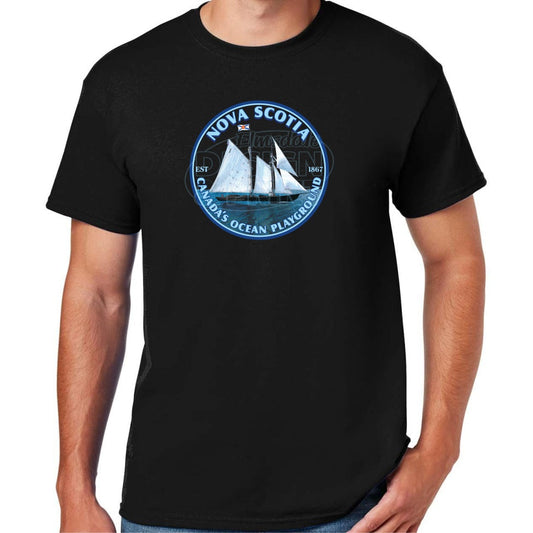 Soft ringspun cotton black t-shirt with Sailing schooner with Nova Scotia & Canada’s Ocean Playground in a circular design