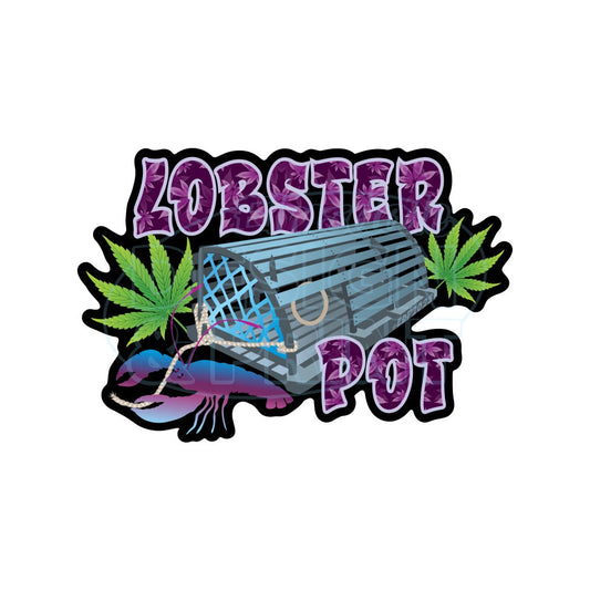 Premium outdoor laminated decal with Colorful blue gray Lobster Pot, bright green weed leaves & purple blue lobster design