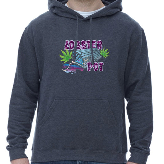 Super soft 12.5oz navy hoodie with Colorful blue gray Lobster Pot, bright green weed leaves & purple blue lobster design