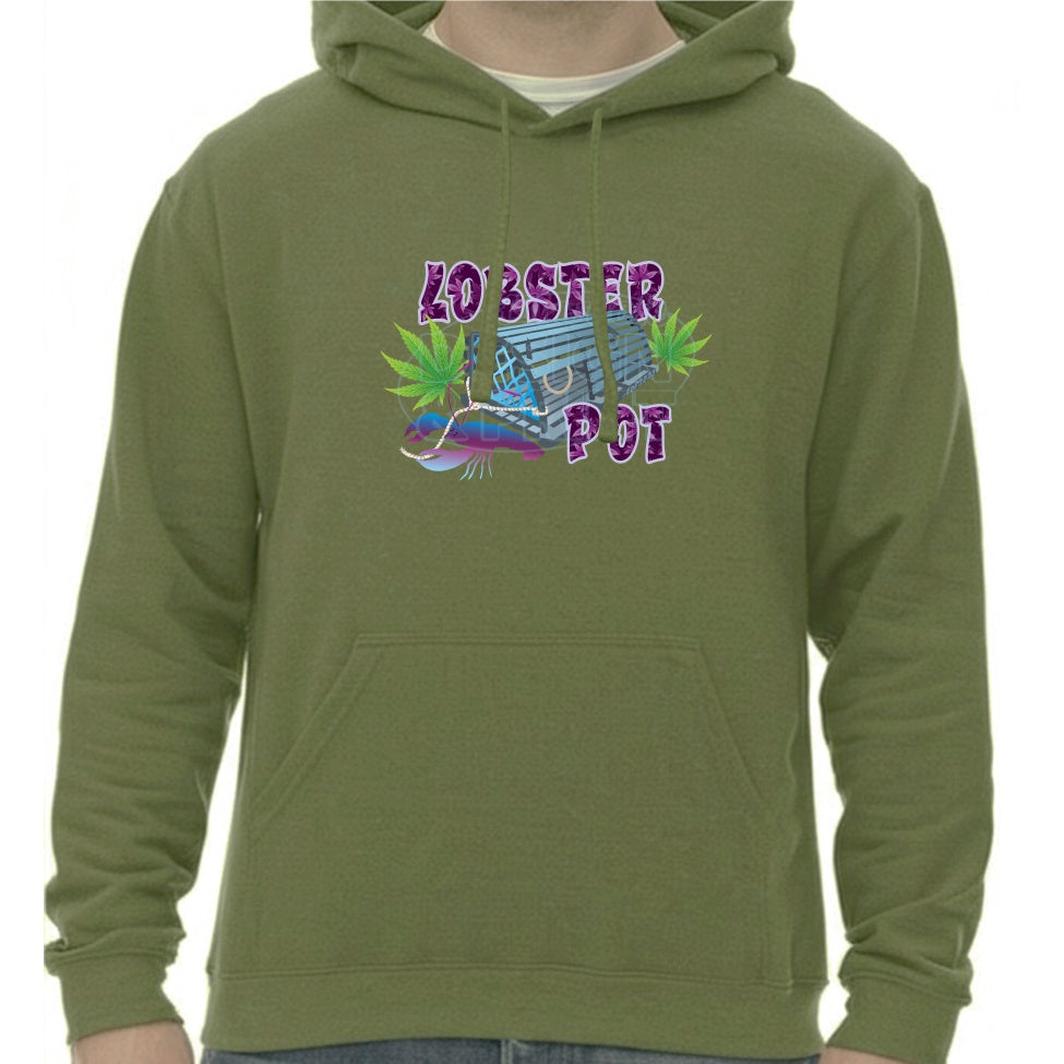 Super soft 12.5oz green hoodie with Colorful blue gray Lobster Pot, bright green weed leaves & purple blue lobster design