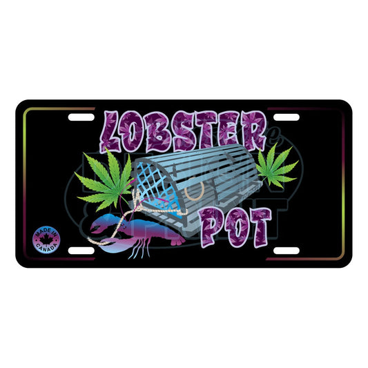 6x12" Aluminum License Plate Black with Colorful blue gray Lobster Pot, bright green weed leaves & purple blue lobster design