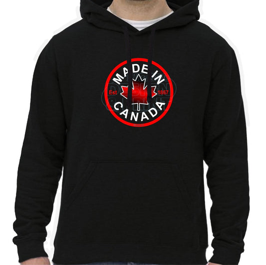 Super soft 12.5oz black hoodie with Circular design with Made in Canada & a centered bright red maple leaf & Est.1867
