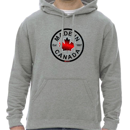 Super soft 12.5oz grey hoodie with Circular design with Made in Canada & a centered bright red maple leaf & Est.1867
