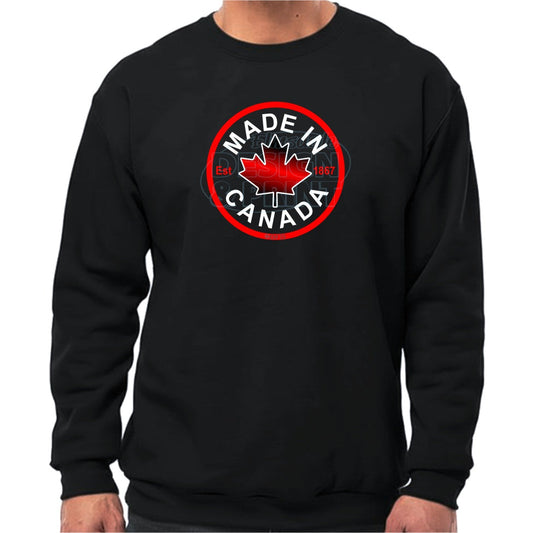 Super soft 12.5oz black sweatshirt with Circular design with Made in Canada & a centered bright red maple leaf & Est.1867