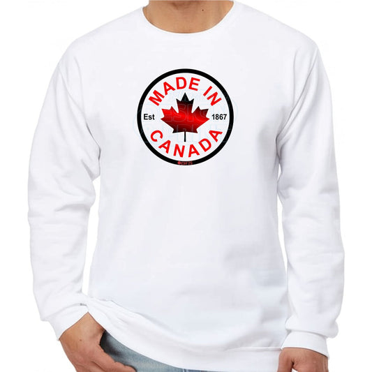 Super soft 12.5oz white sweatshirt with Circular design with Made in Canada & a centered bright red maple leaf & Est.1867
