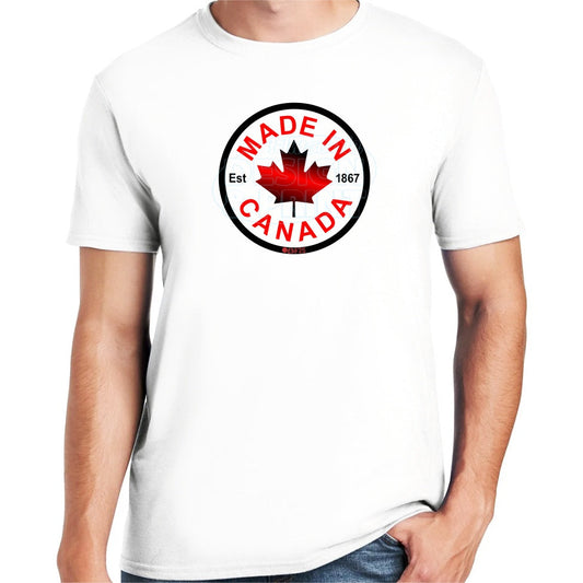 Soft ringspun cotton white t-shirt with Circular design with Made in Canada & a centered bright red maple leaf & Est.1867