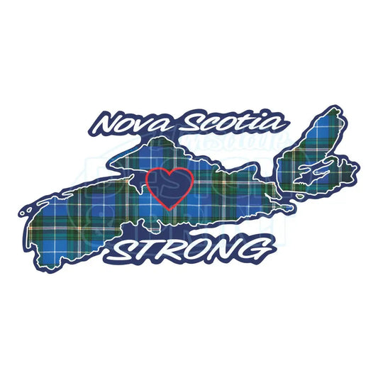 Premium outdoor laminated decal with The province of Nova Scotia in Blue Tartan with Nova Scotia Strong in white & navy