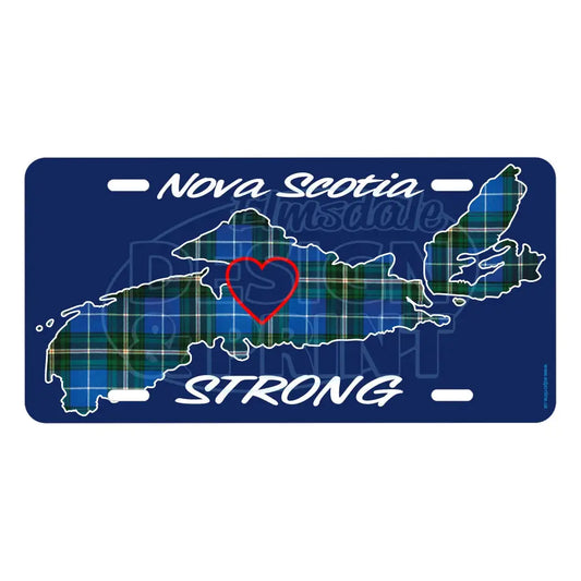 6x12" Aluminum License Plate navy with The province of Nova Scotia in Blue Tartan with Nova Scotia Strong in white & navy