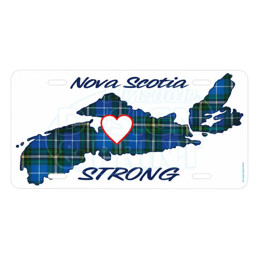 6x12" Aluminum License Plate white with The province of Nova Scotia in Blue Tartan with Nova Scotia Strong in white & navy